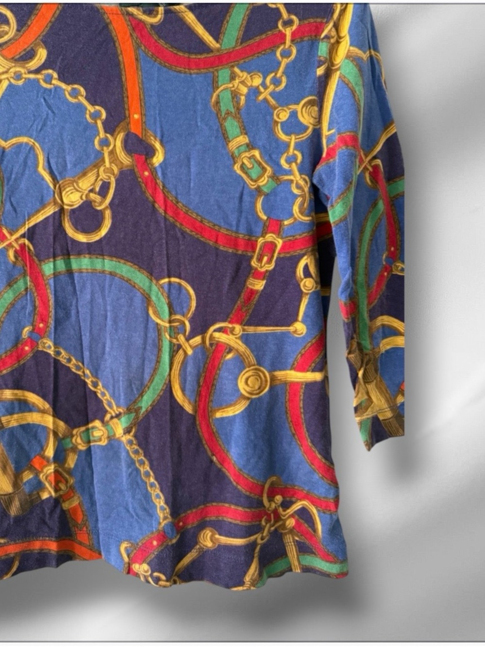 Ralph Lauren Blue Gold Chain Belt Print Boatneck Shirt Sz S - Picture 4 of 4